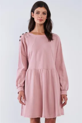 Misty Rose Pink Babydoll Loose Fit Crew Neck Long Puff Sleeve Mini Dress With Decorative Buttoned Shoulder Detail /3-2-1