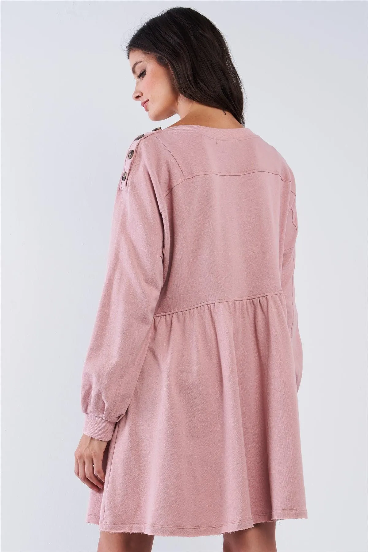 Misty Rose Pink Babydoll Loose Fit Crew Neck Long Puff Sleeve Mini Dress With Decorative Buttoned Shoulder Detail /3-2-1