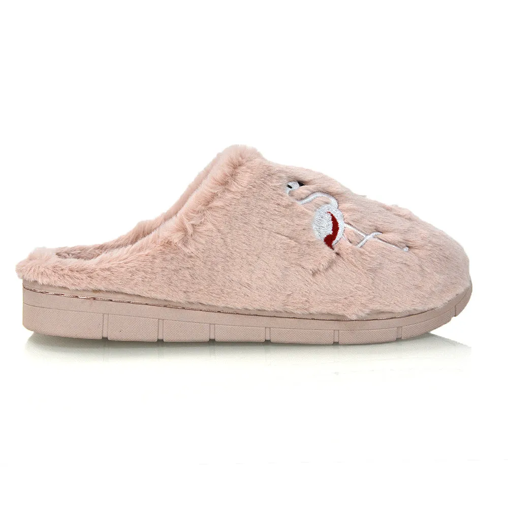 Morgan Faux Fur Fluffy Flat Cosy Flamingo Embellished Slipper Mules in Light Pink