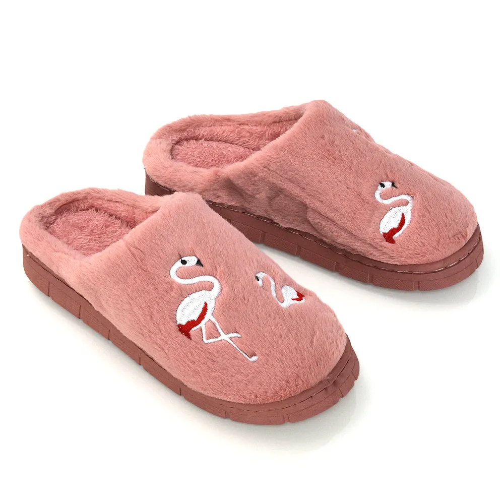 Morgan Faux Fur Fluffy Flat Cosy Flamingo Embellished Slipper Mules in Light Pink