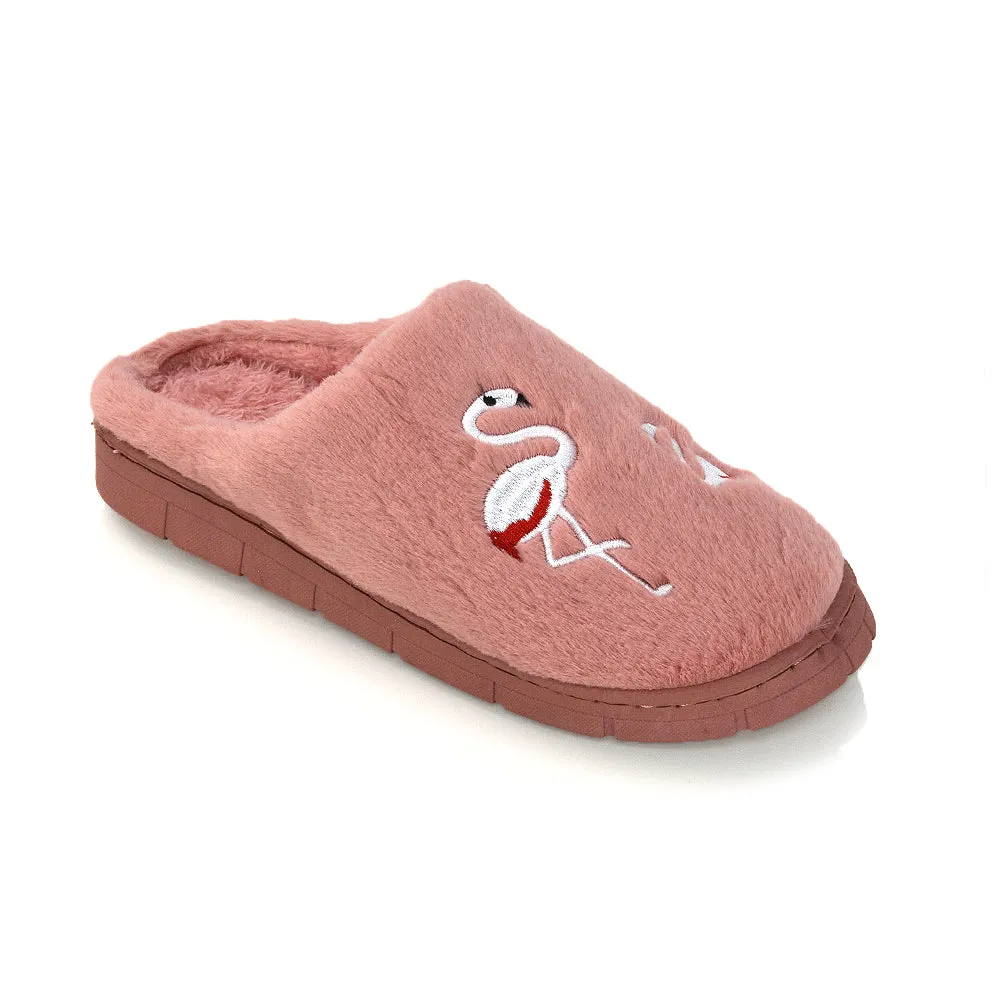 Morgan Faux Fur Fluffy Flat Cosy Flamingo Embellished Slipper Mules in Light Pink