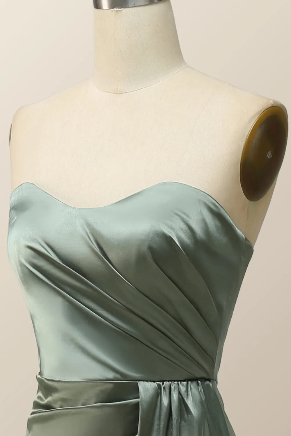 Moss Green Satin Strapless Long Bridesmaid Dress