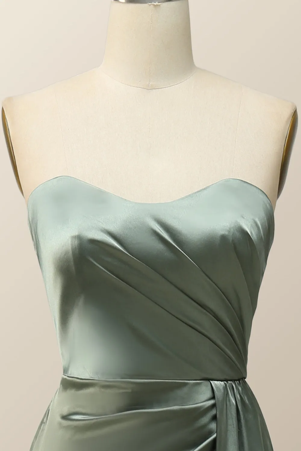 Moss Green Satin Strapless Long Bridesmaid Dress