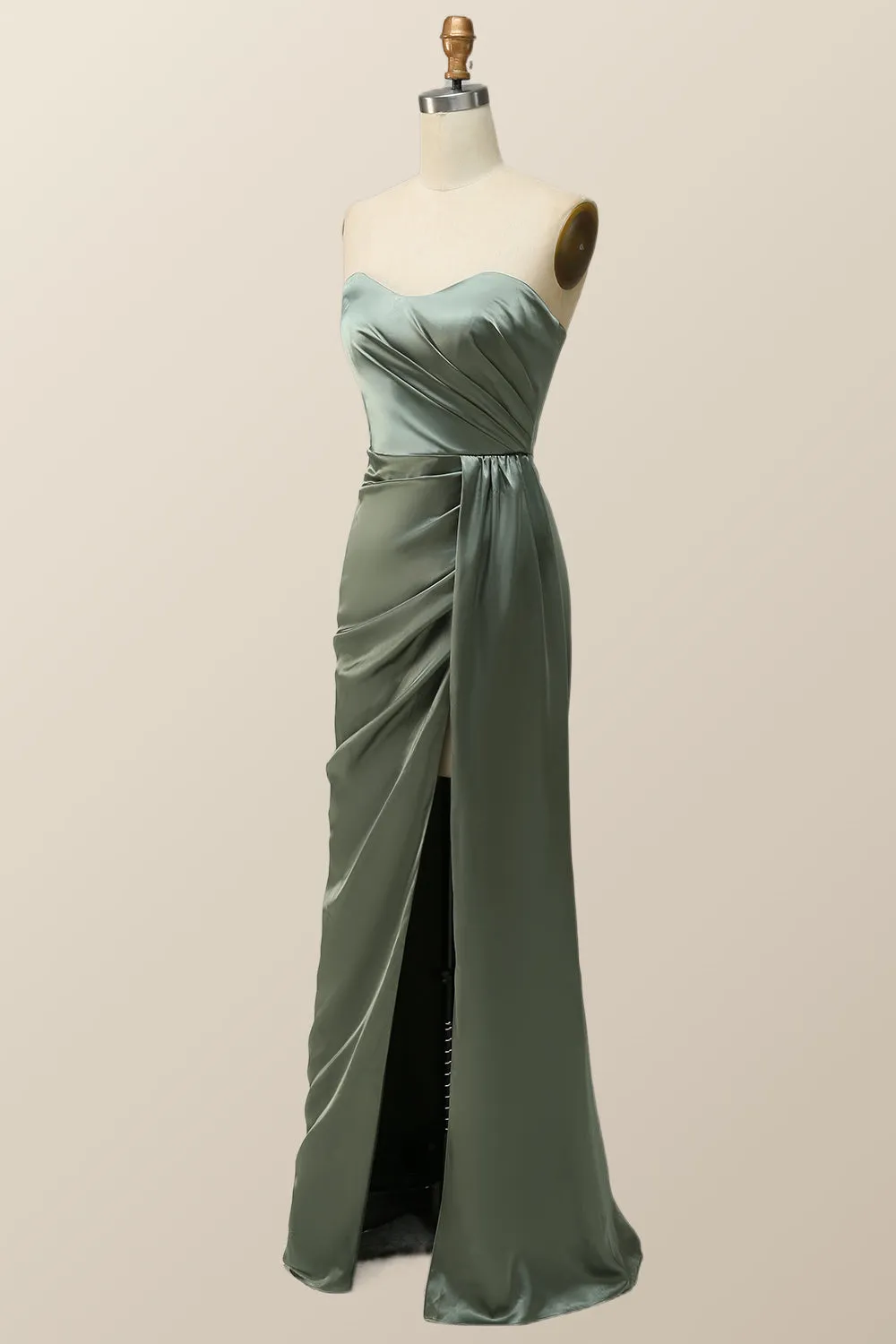 Moss Green Satin Strapless Long Bridesmaid Dress