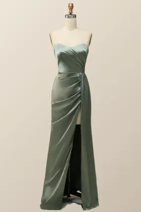 Moss Green Satin Strapless Long Bridesmaid Dress