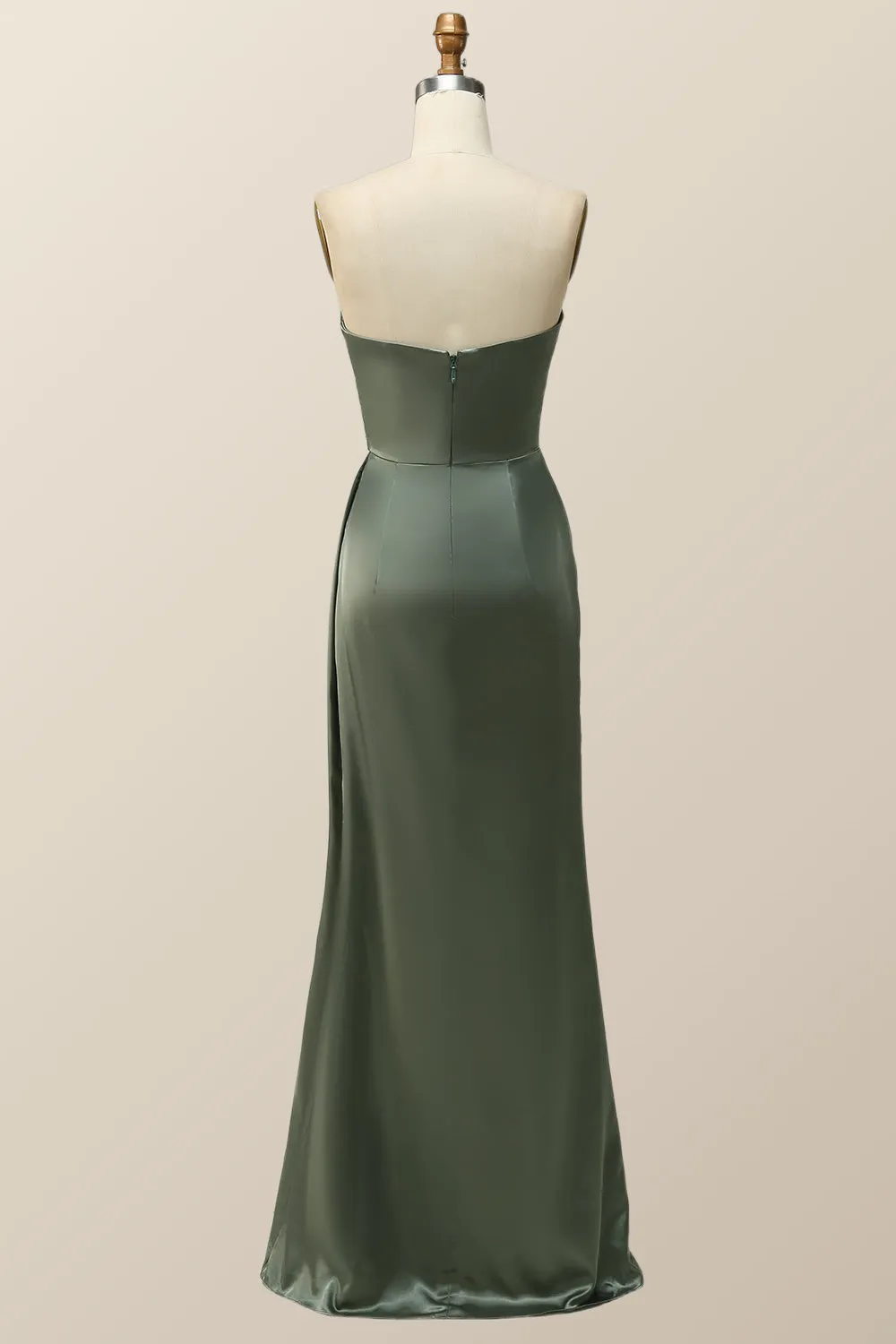 Moss Green Satin Strapless Long Bridesmaid Dress