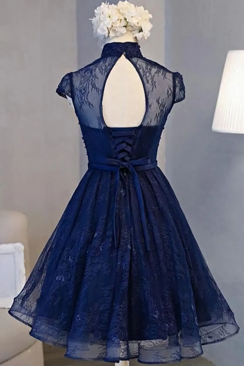 Navy Blue Knee Length Lace Party Dress, Homecoming Dress