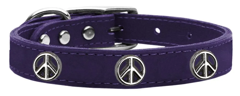 Peace Sign Widget Genuine Leather Dog Collar Purple 22