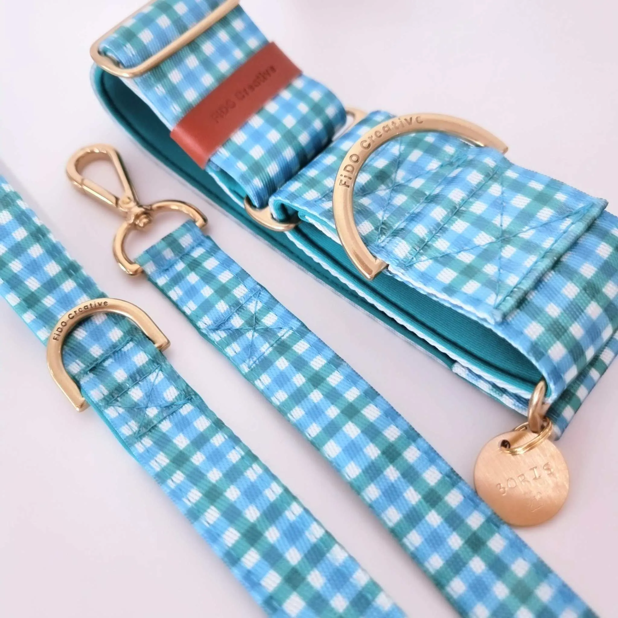 Personalised Martingale Collar - Blue & Green Gingham Neoprene Padded