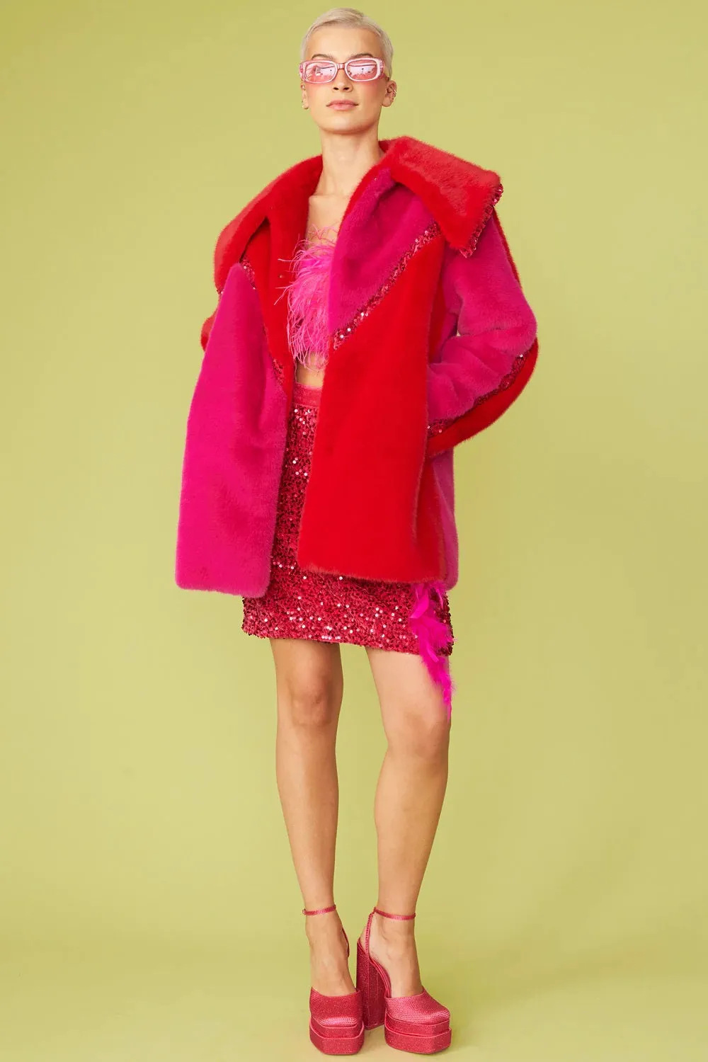 Pink Eco Faux Fur Midi Sequins Star Coat