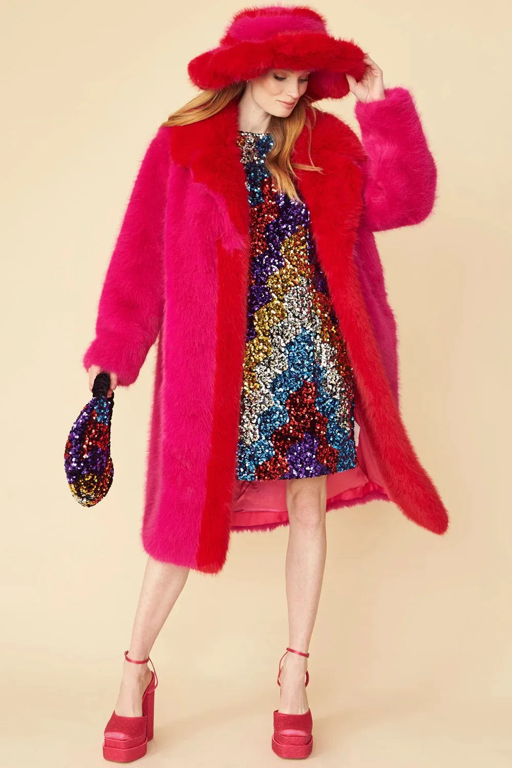 Pink Knitted Bamboo Faux Fur Maxi Coat