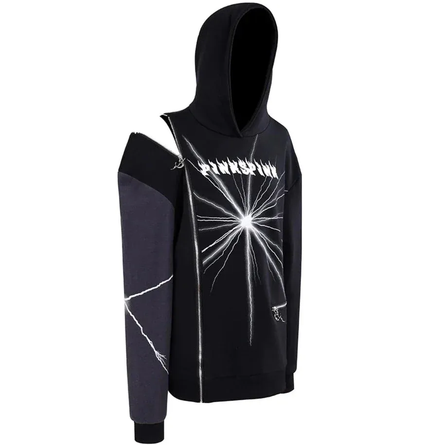 PINKSPINK Lightning Strike Asymmetric Hoodie - Black and Grey