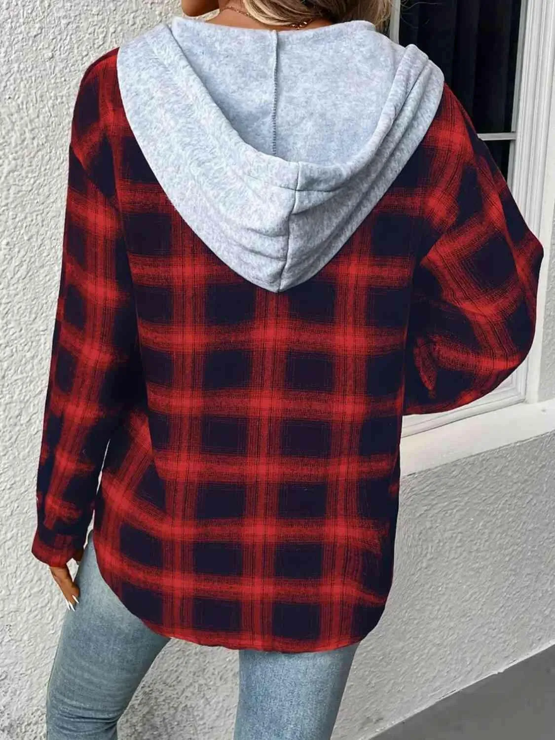 Plaid Drawstring Button Up Hoodie