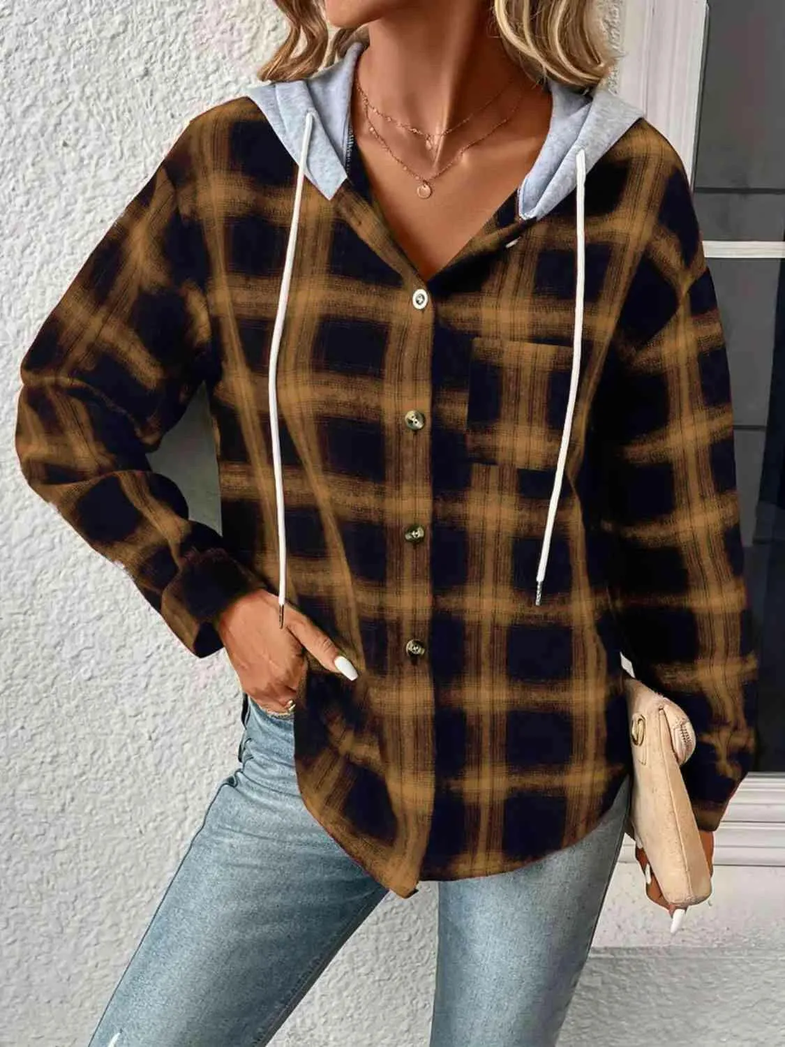 Plaid Drawstring Button Up Hoodie