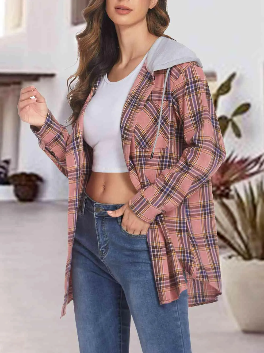 Plaid Drawstring Button Up Hoodie