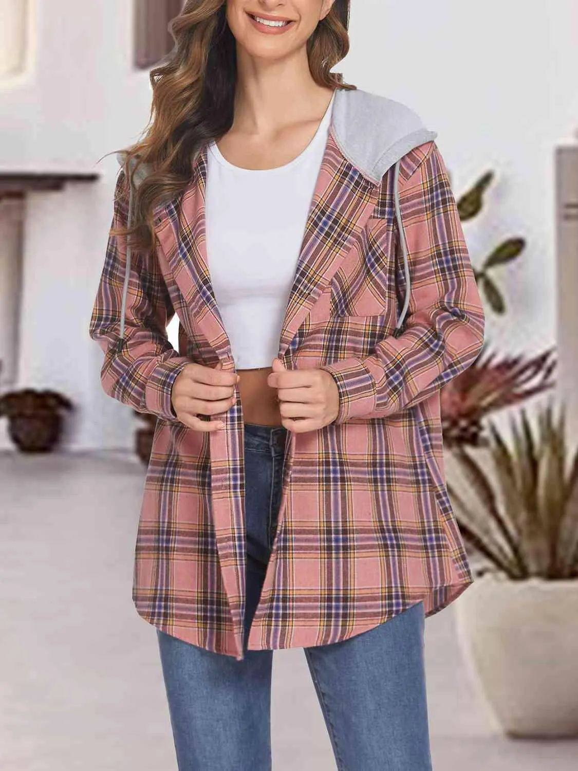 Plaid Drawstring Button Up Hoodie