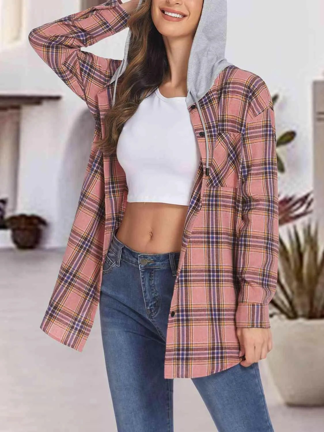 Plaid Drawstring Button Up Hoodie