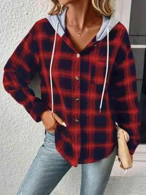 Plaid Drawstring Button Up Hoodie