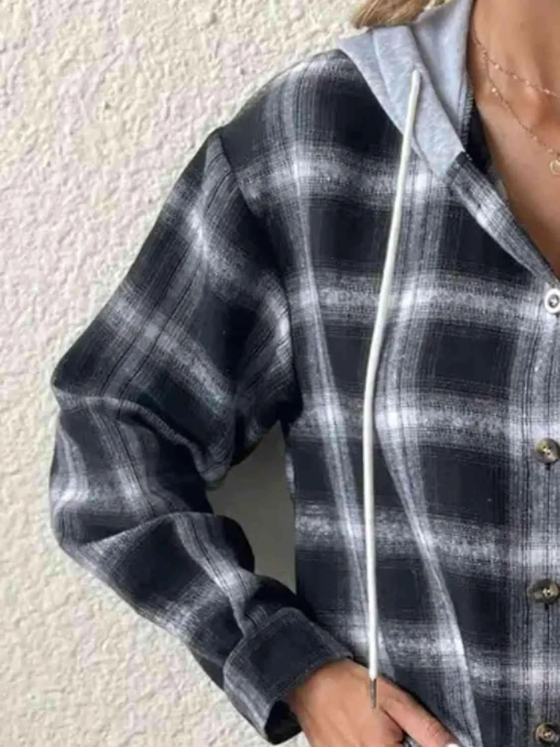 Plaid Drawstring Button Up Hoodie