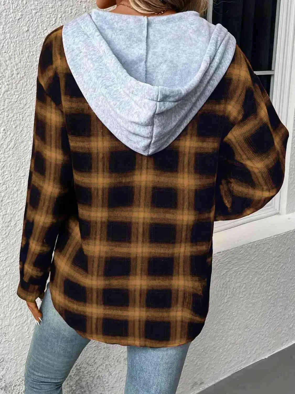 Plaid Drawstring Button Up Hoodie