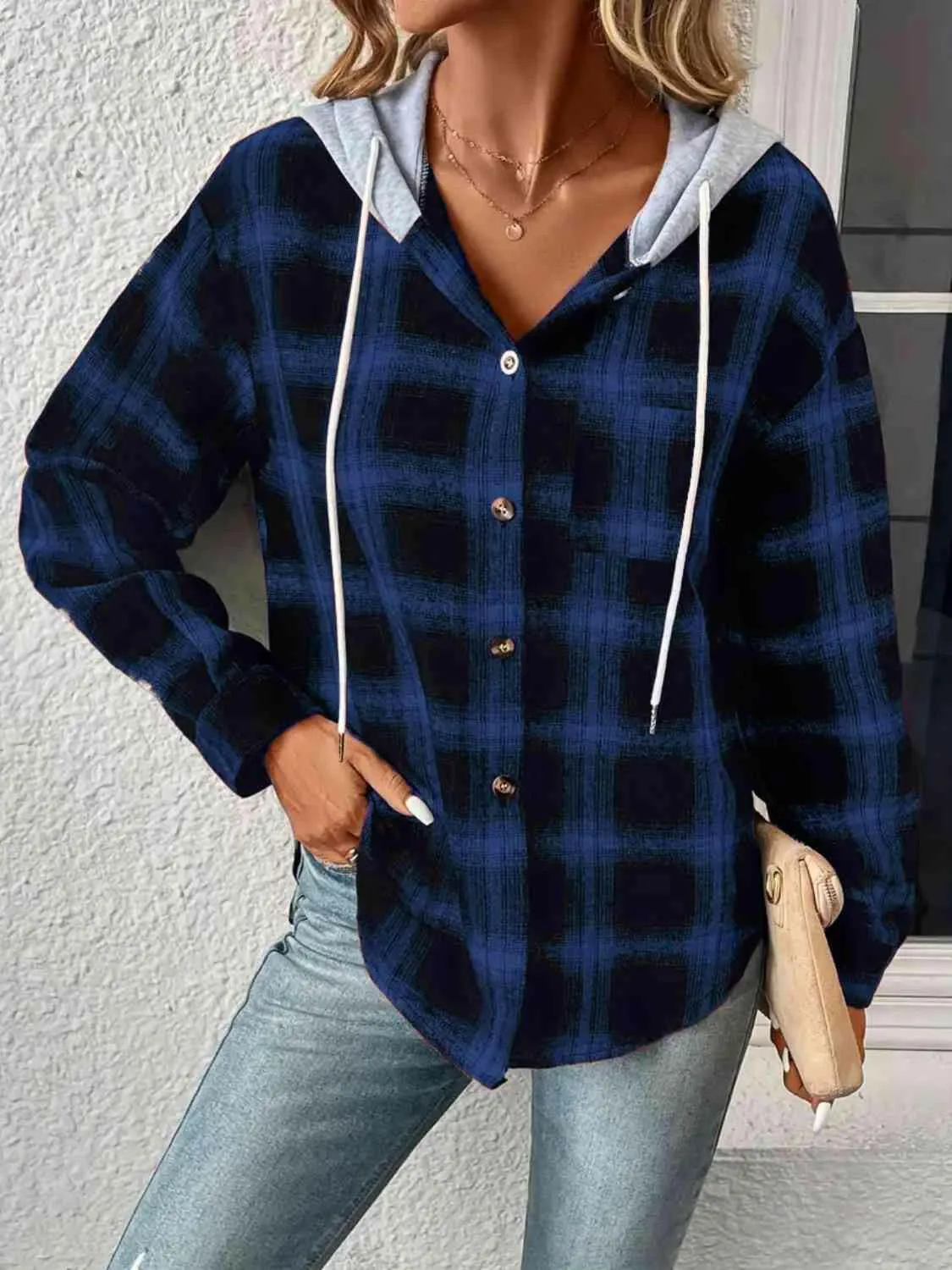 Plaid Drawstring Button Up Hoodie