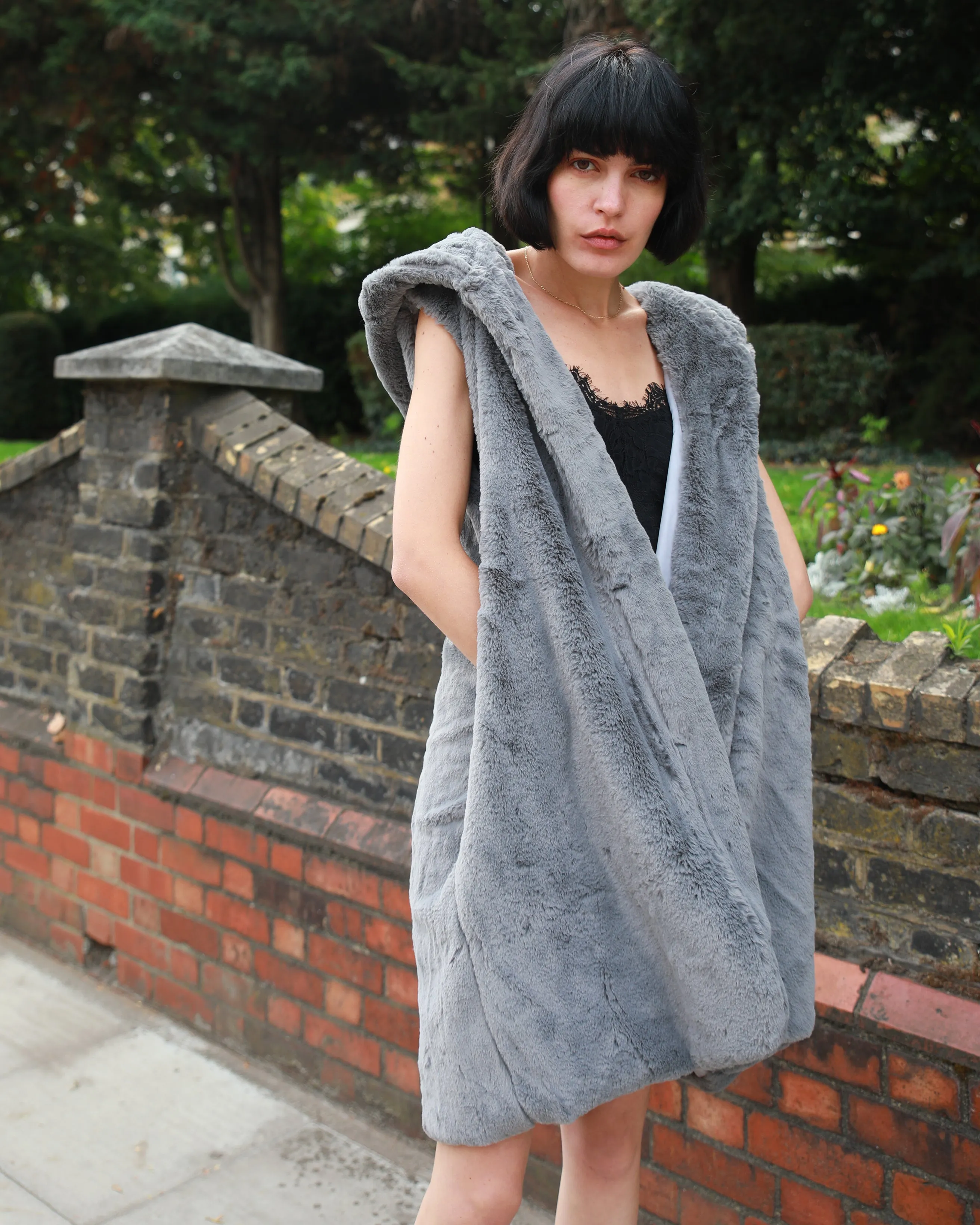 Plus Size Faux Fur Long Gilet with Hoodie