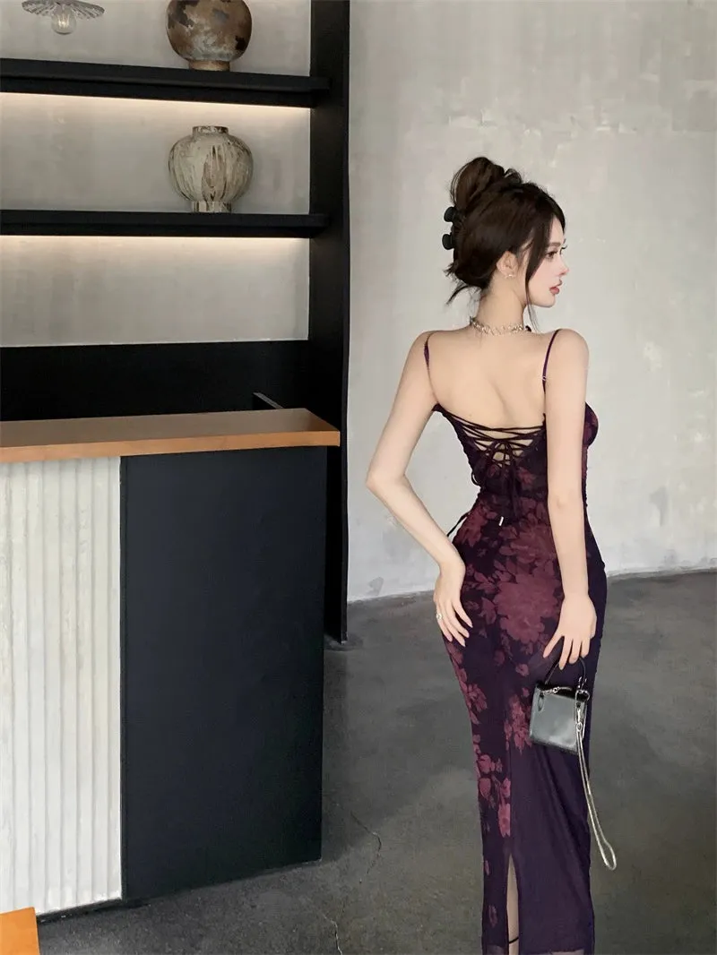 Purple printed dress for women summer lace slit sexy long party dress     S5907