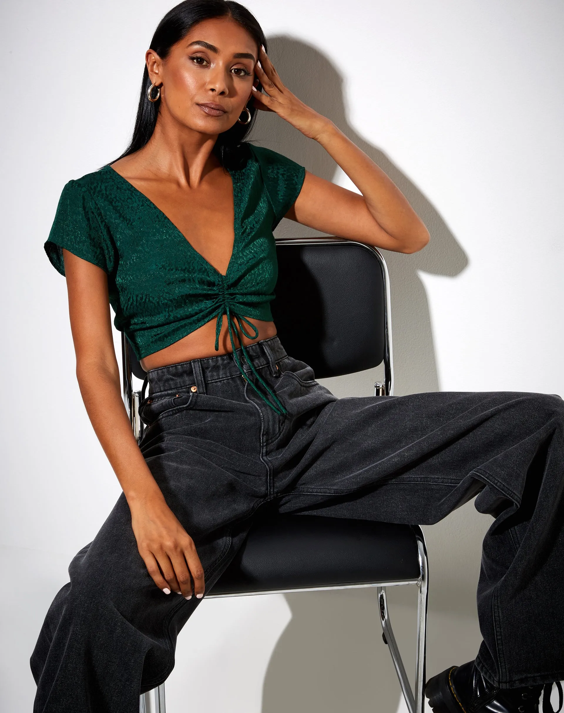 Raeto Crop Top in Satin Cheetah Forest Green