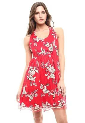 Red Floral Embroidered Open Back Mesh Sleeveless Cocktail Dress U.S.A.