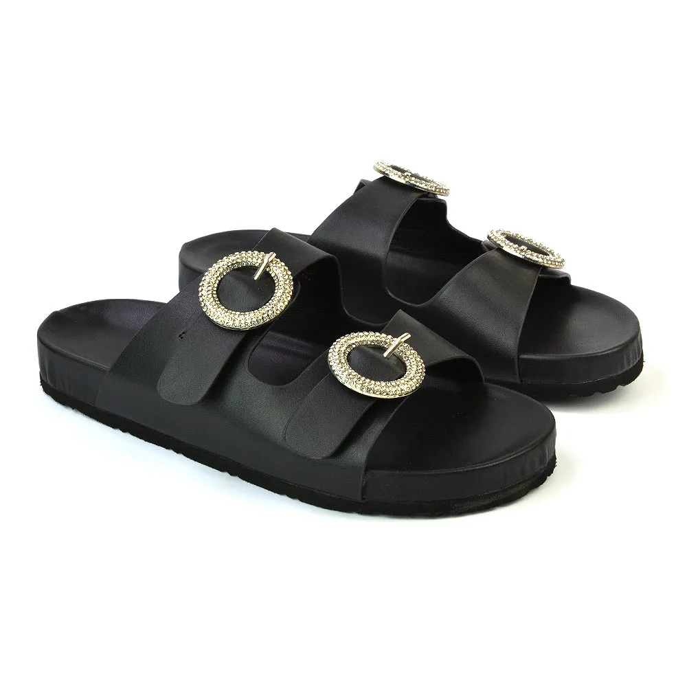 Reggie Double Strap Diamante Slip On Flat Sandals Sliders in Black