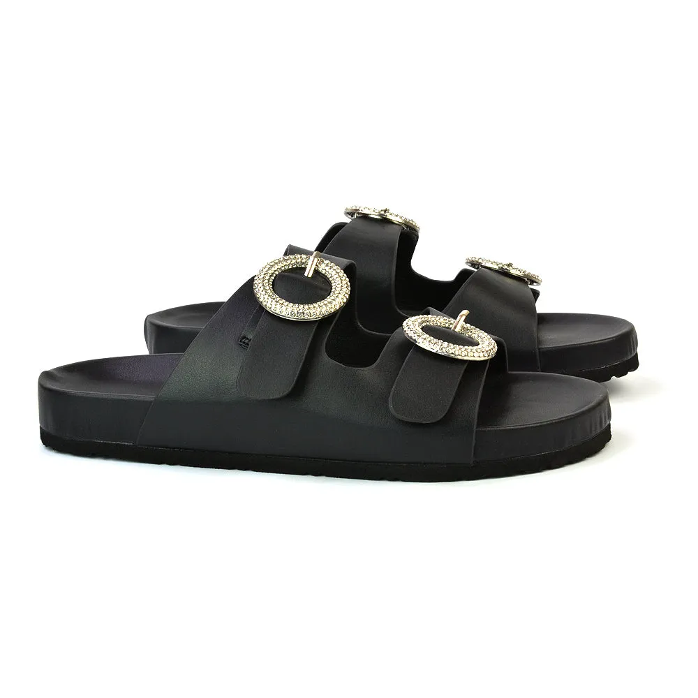 Reggie Double Strap Diamante Slip On Flat Sandals Sliders in Black