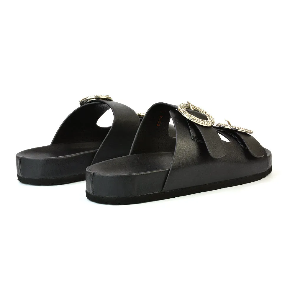 Reggie Double Strap Diamante Slip On Flat Sandals Sliders in Black