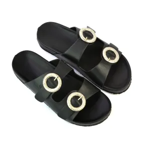 Reggie Double Strap Diamante Slip On Flat Sandals Sliders in Black