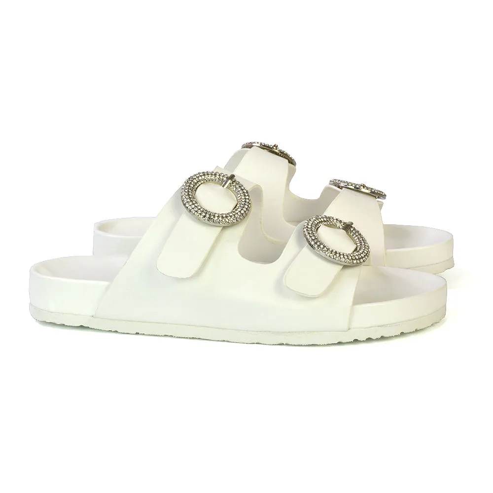 Reggie Double Strap Diamante Slip On Flat Sandals Sliders in Black