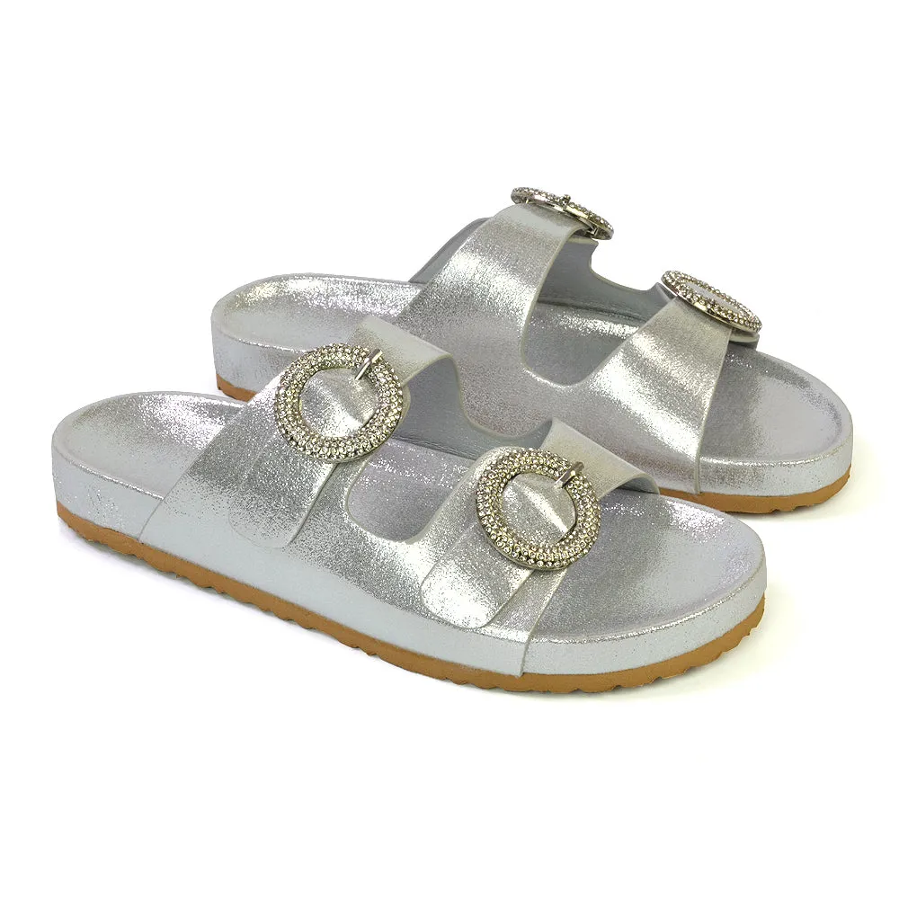 Reggie Double Strap Diamante Slip On Flat Sandals Sliders in Black