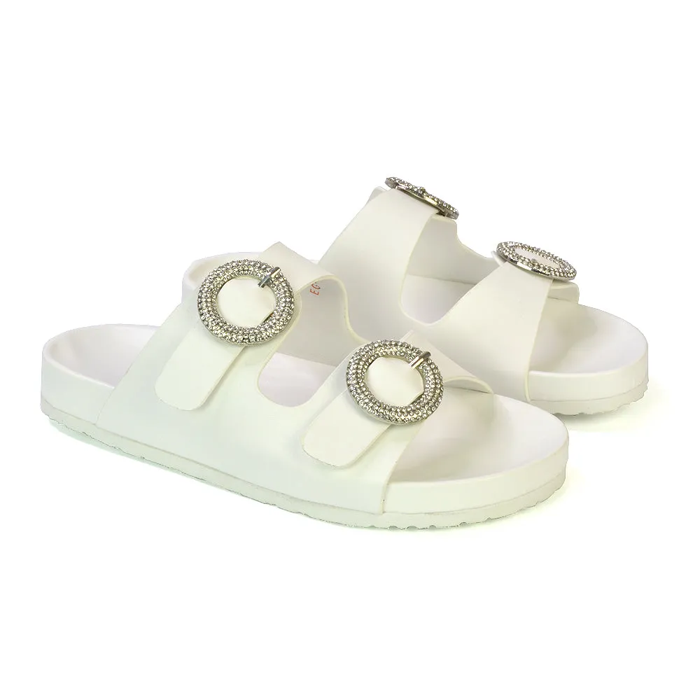 Reggie Double Strap Diamante Slip On Flat Sandals Sliders in Black