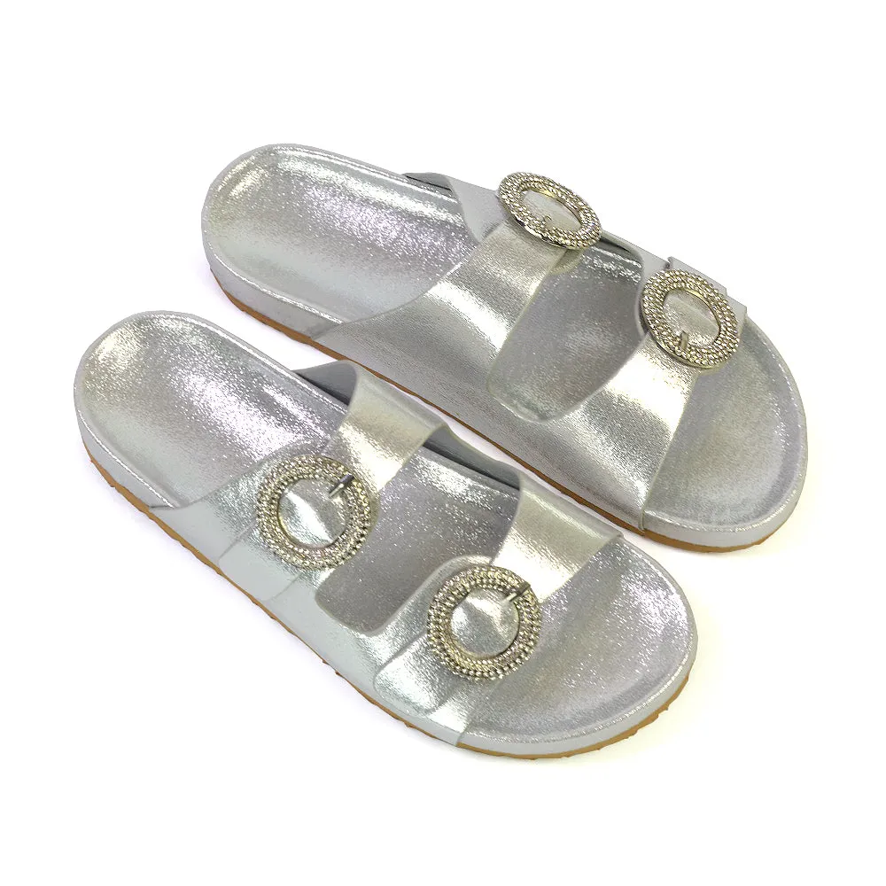 Reggie Double Strap Diamante Slip On Flat Sandals Sliders in Black