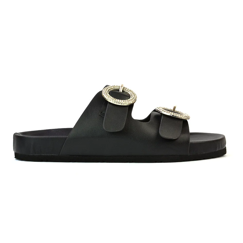 Reggie Double Strap Diamante Slip On Flat Sandals Sliders in Black