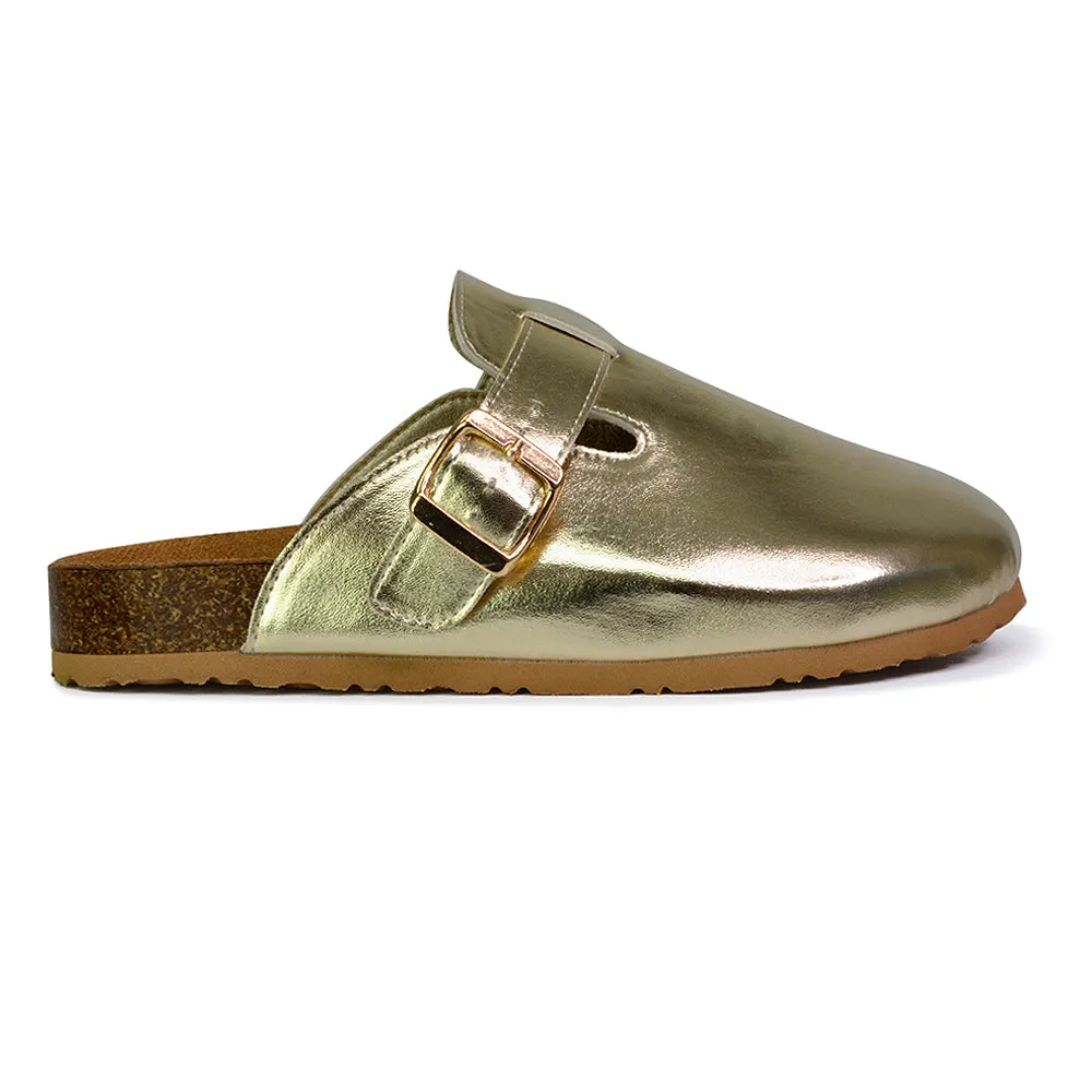 Savannah Closed Toe Slip On Buckle Flat Sandal Sliders in Taupe