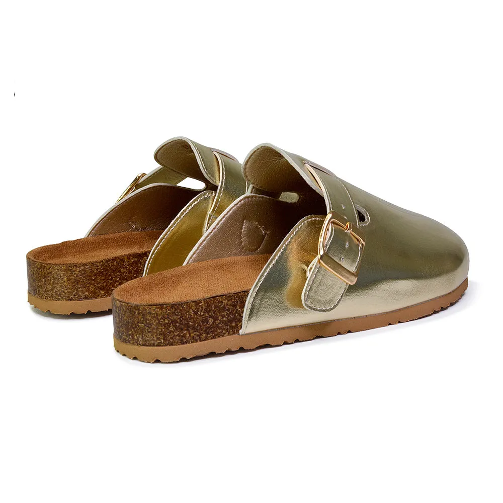 Savannah Closed Toe Slip On Buckle Flat Sandal Sliders in Taupe