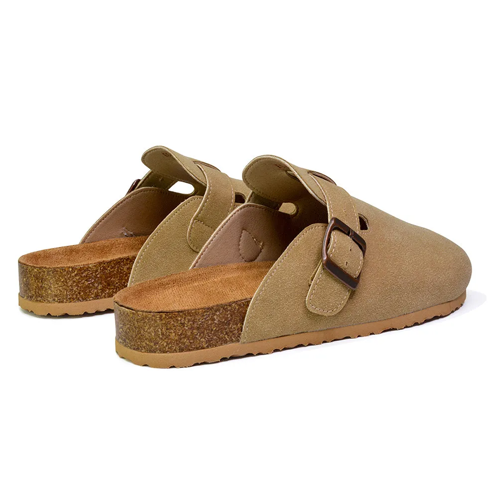 Savannah Closed Toe Slip On Buckle Flat Sandal Sliders in Taupe