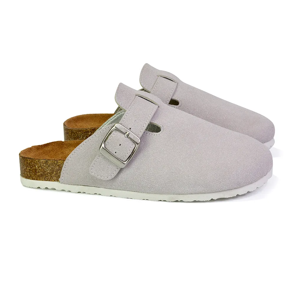 Savannah Closed Toe Slip On Buckle Flat Sandal Sliders in Taupe