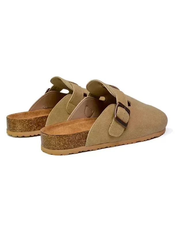 Savannah Closed Toe Slip On Buckle Flat Sandal Sliders in Taupe