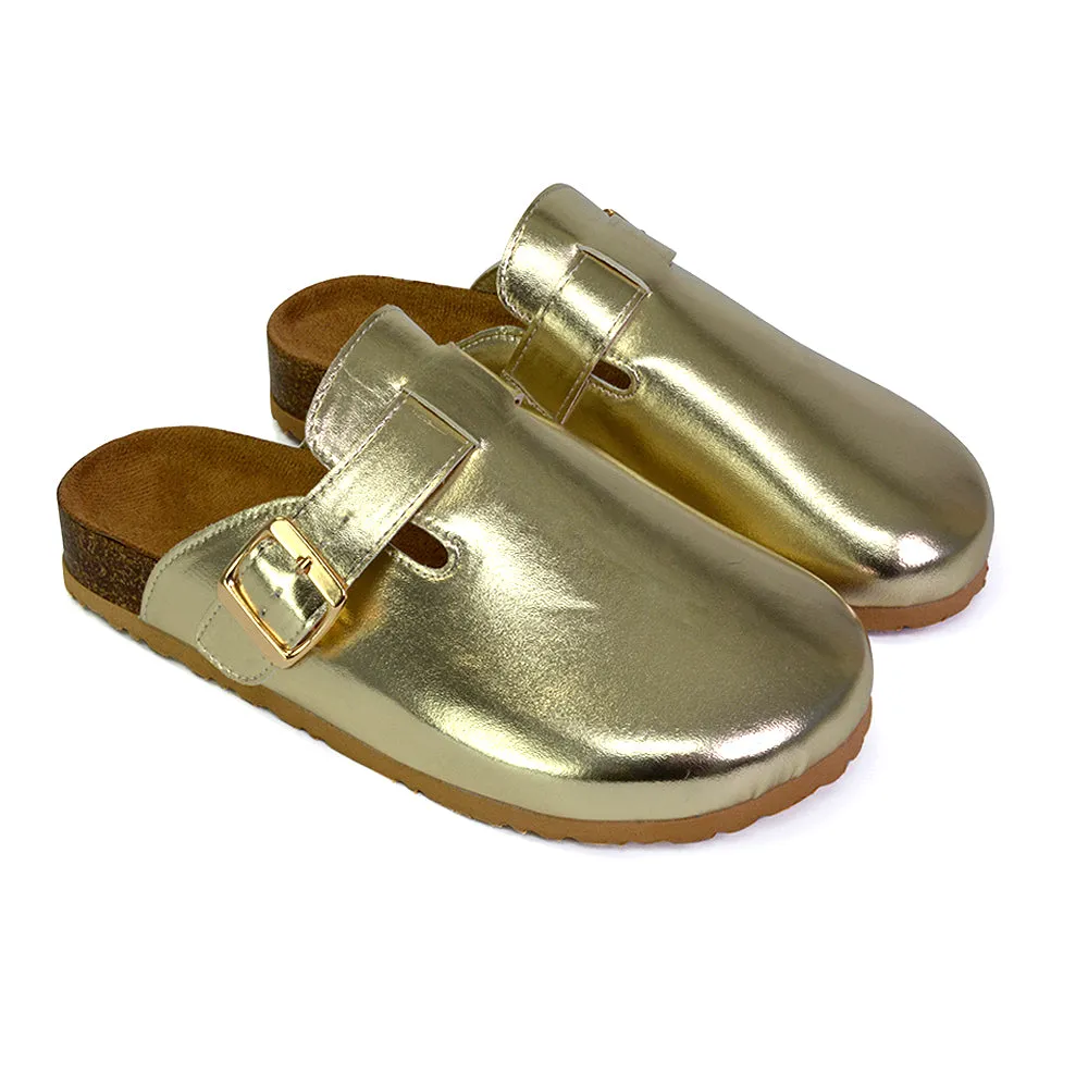 Savannah Closed Toe Slip On Buckle Flat Sandal Sliders in Taupe