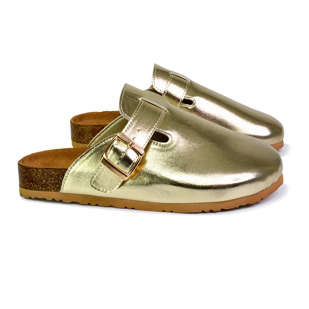 Savannah Closed Toe Slip On Buckle Flat Sandal Sliders in Taupe