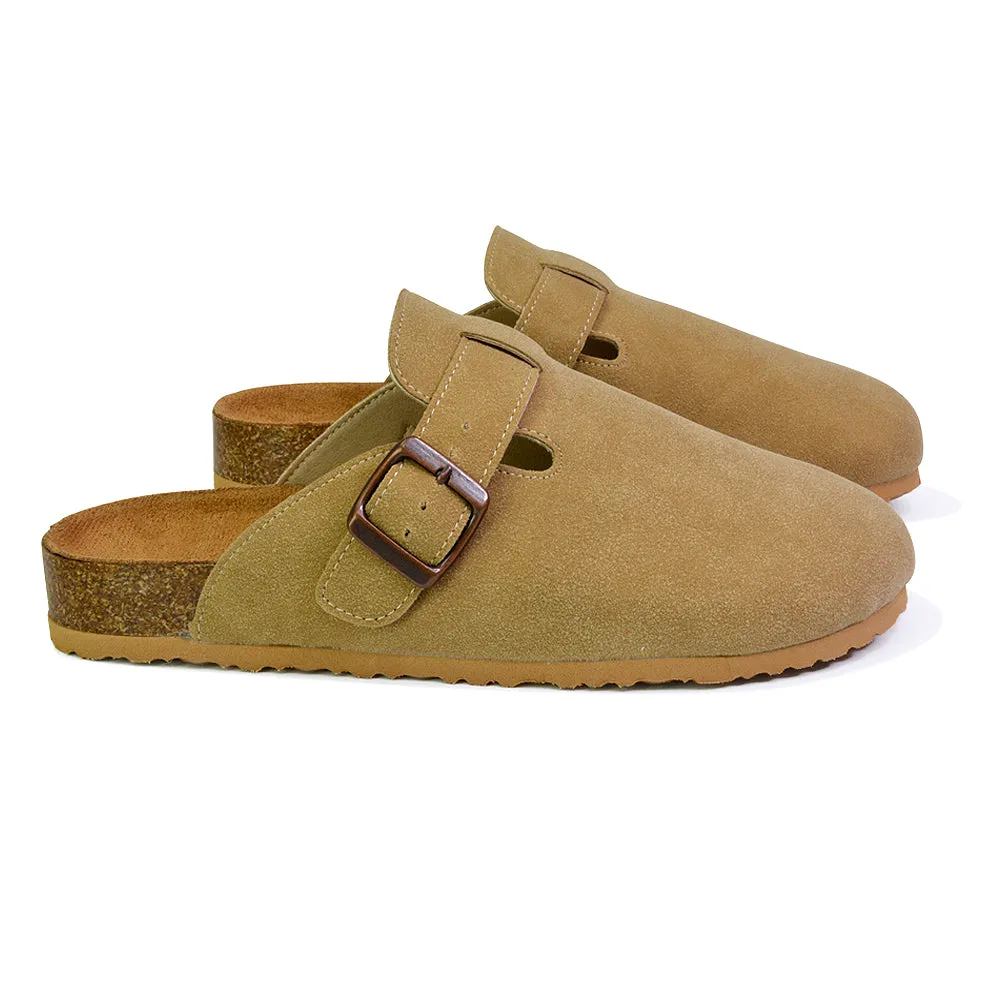 Savannah Closed Toe Slip On Buckle Flat Sandal Sliders in Taupe