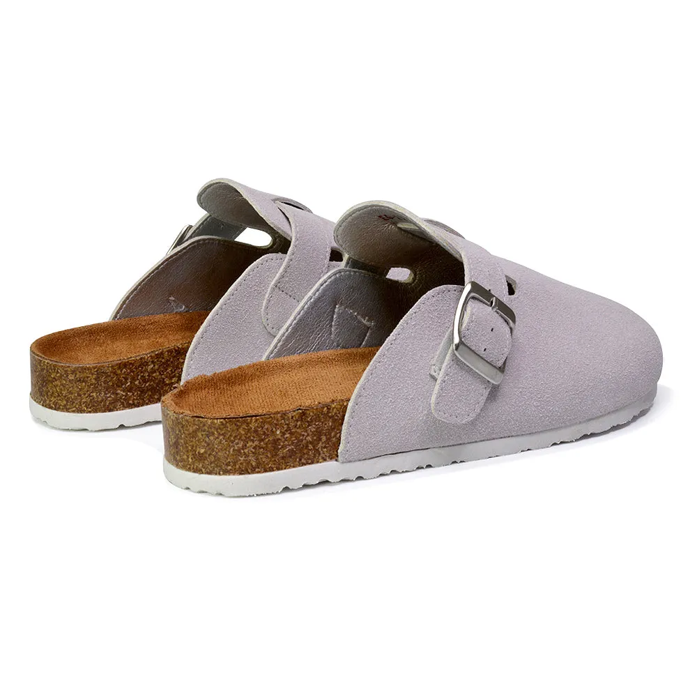 Savannah Closed Toe Slip On Buckle Flat Sandal Sliders in Taupe