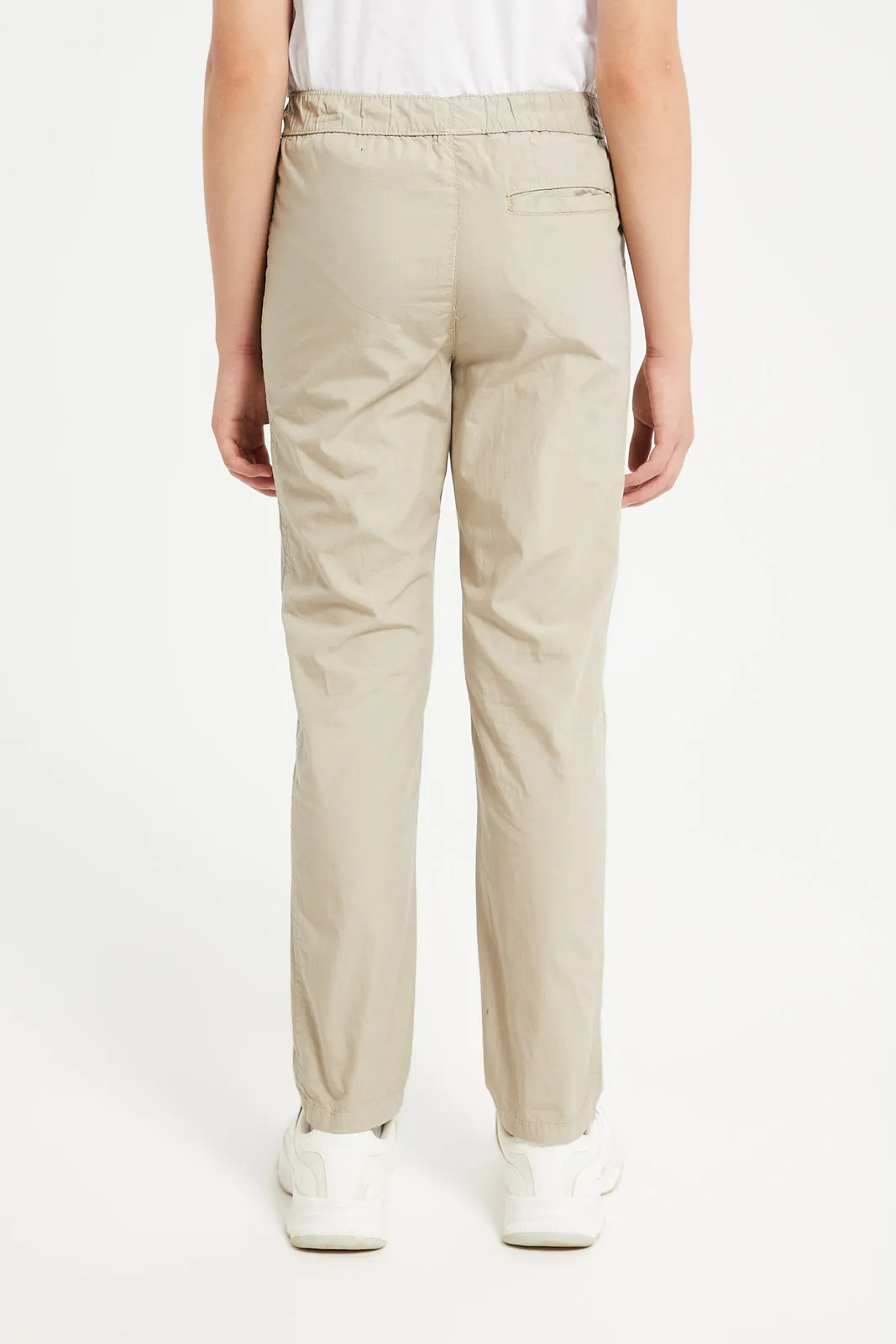 Senior Boys Beige Poplin Joggers With All Around Adjuster