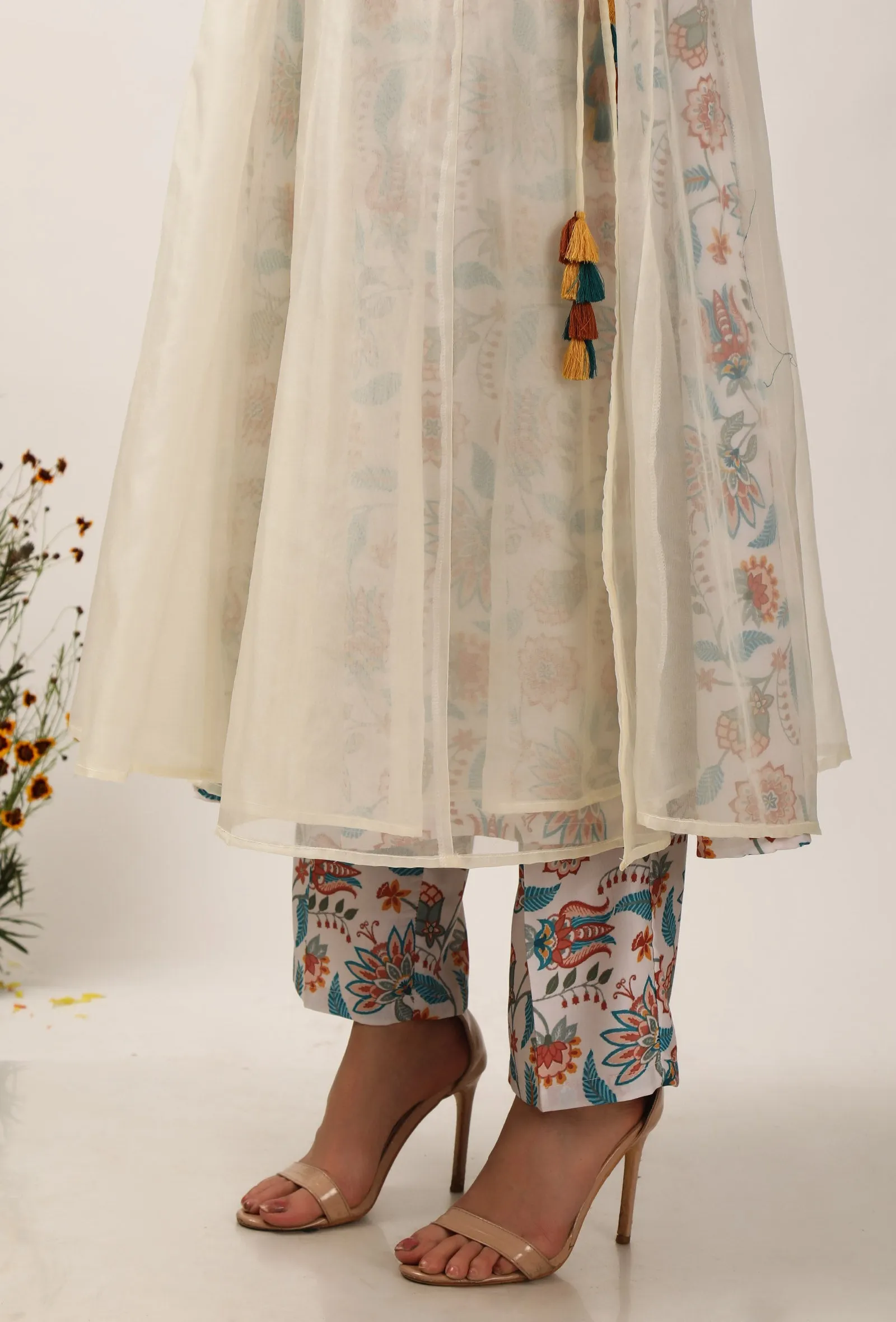 Set Of 3: Lilybeth Organza Angrakha Kurta With Floral Chintz Aline Kurta Dress With Narrow Fit Pants