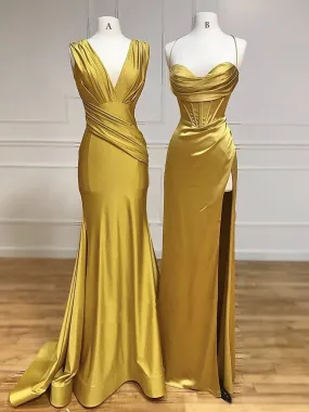 Simple Satin Gold Long Prom Dress, Gold Satin Long Formal Dress